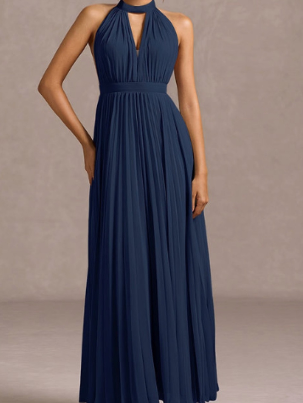 Azazie Navy Halter Pleated Maxi Dress